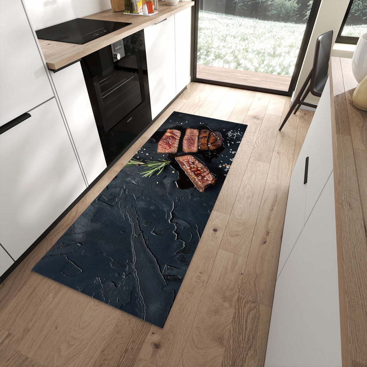 Langlebiger Küchenteppich mit Motiv Steak und Rotwein in moderner Küche