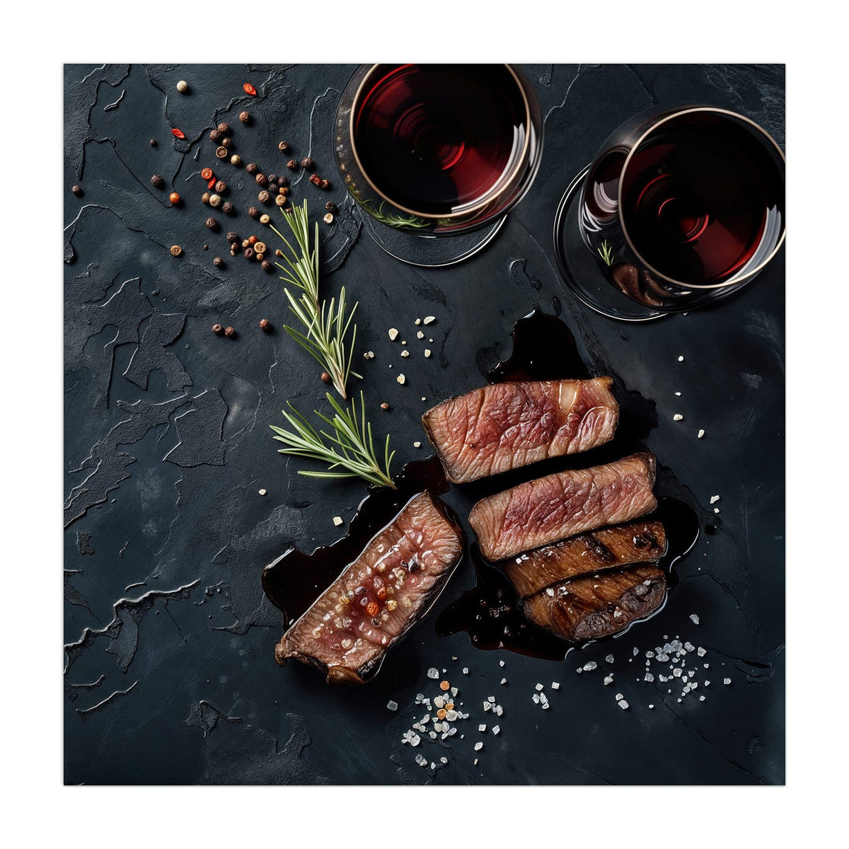 Küchenrückwand aus Glas Steak und Rotwein im quadratischen Format, Motiv bildfüllend von vorn