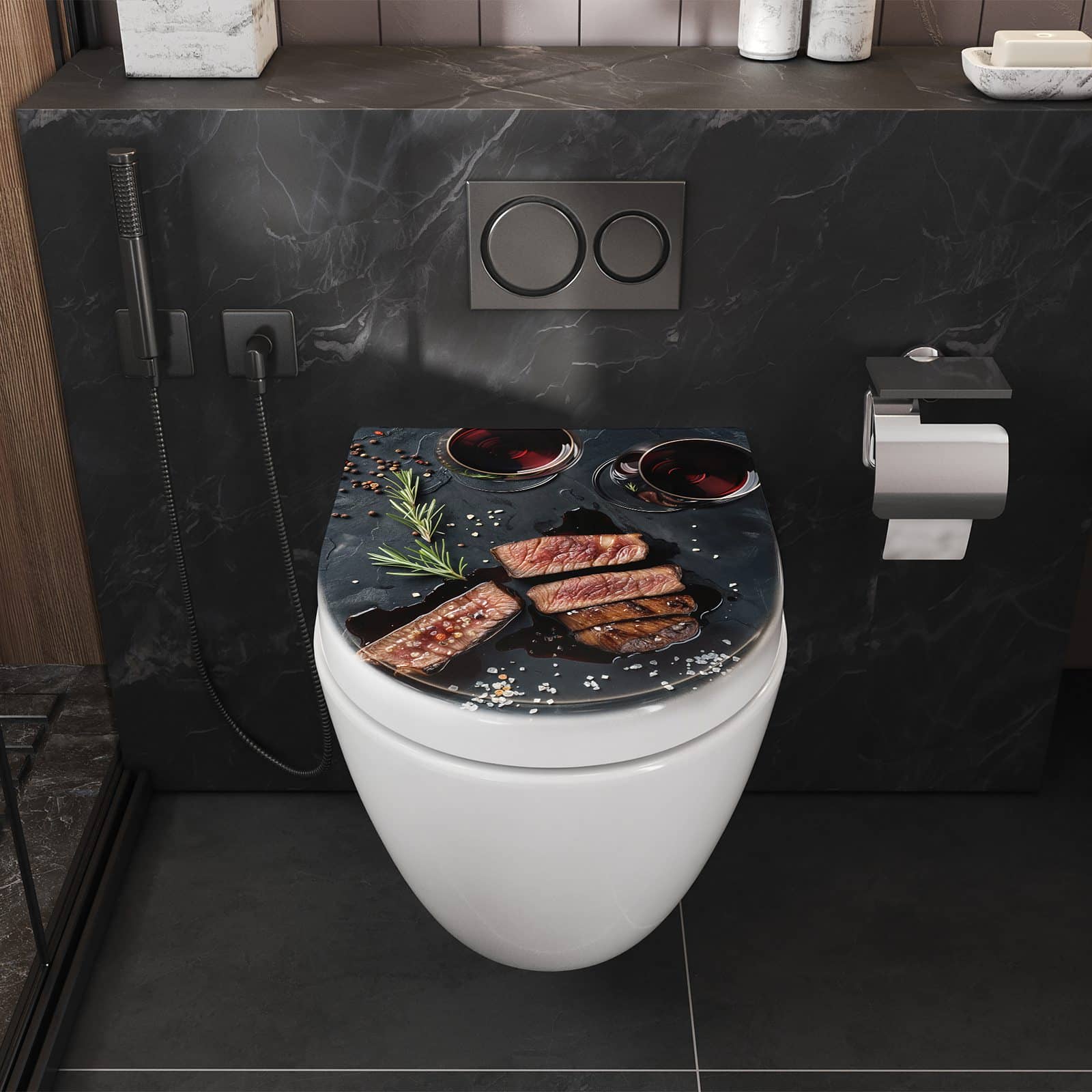 WC-Sitz mit Absenkautomatik Steak und Rotwein