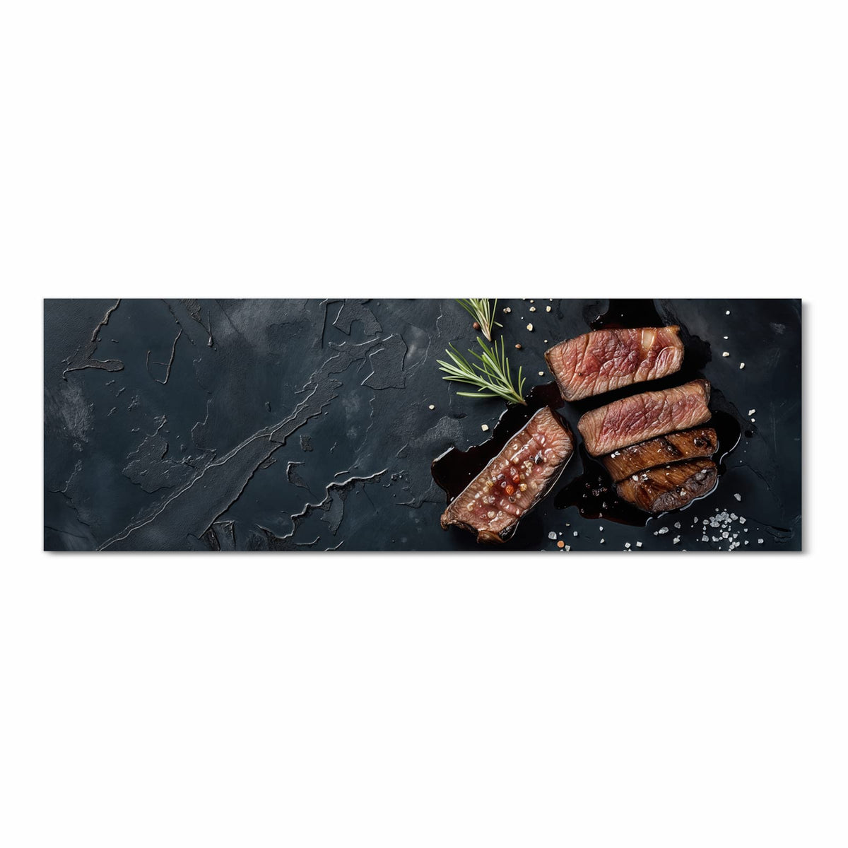 Pflegeleichter Teppichläufer für die Küche mit Motiv Steak und Rotwein in Frontansicht