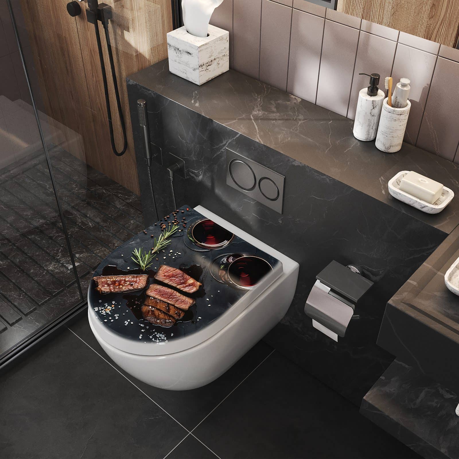 WC-Sitz mit Absenkautomatik Steak und Rotwein