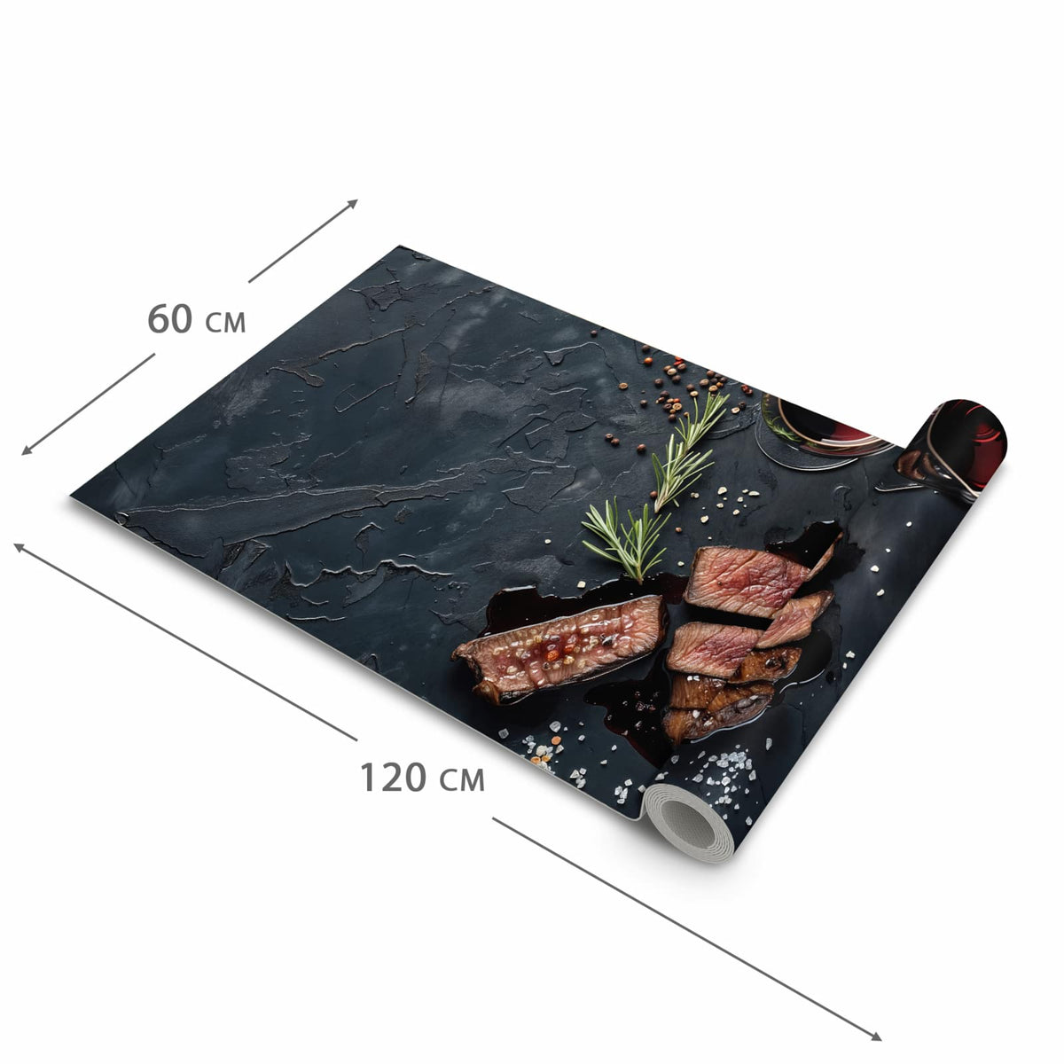 Waschbarer rutschfester Küchenläufer mit Motiv Steak und Rotwein in der Grösse 80x280 cm