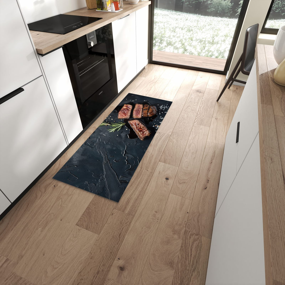 UV-beständiger Küchenläufer mit Motiv Steak und Rotwein in moderner Küche - waschbar #grösse_60 x 150 cm