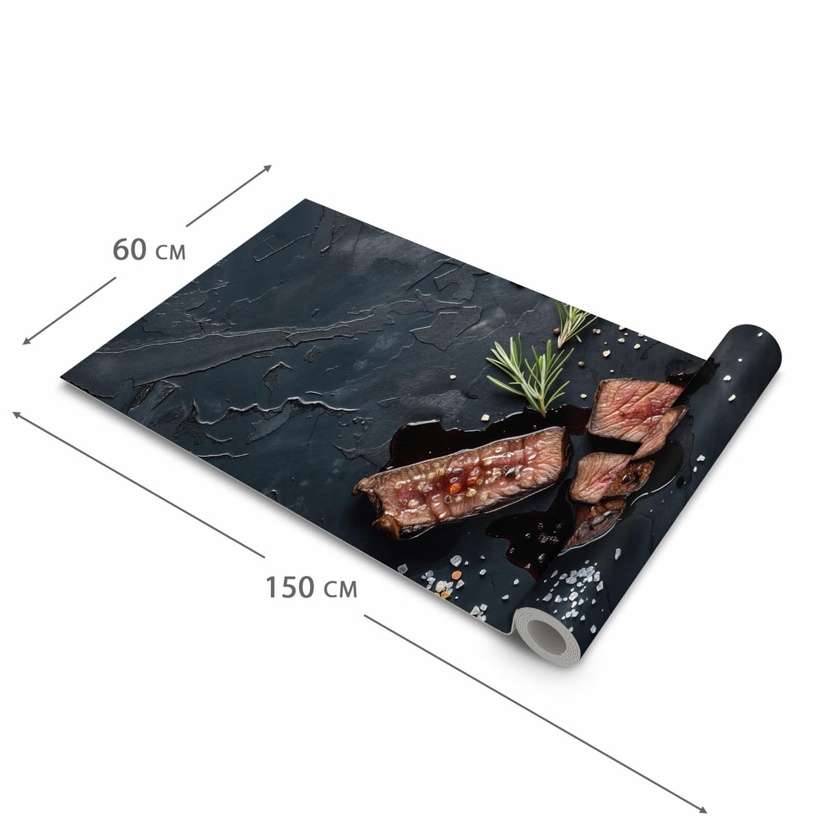 Pflegeleichter moderner Küchenläufer mit Motiv Steak und Rotwein in der Grösse 80x280 cm