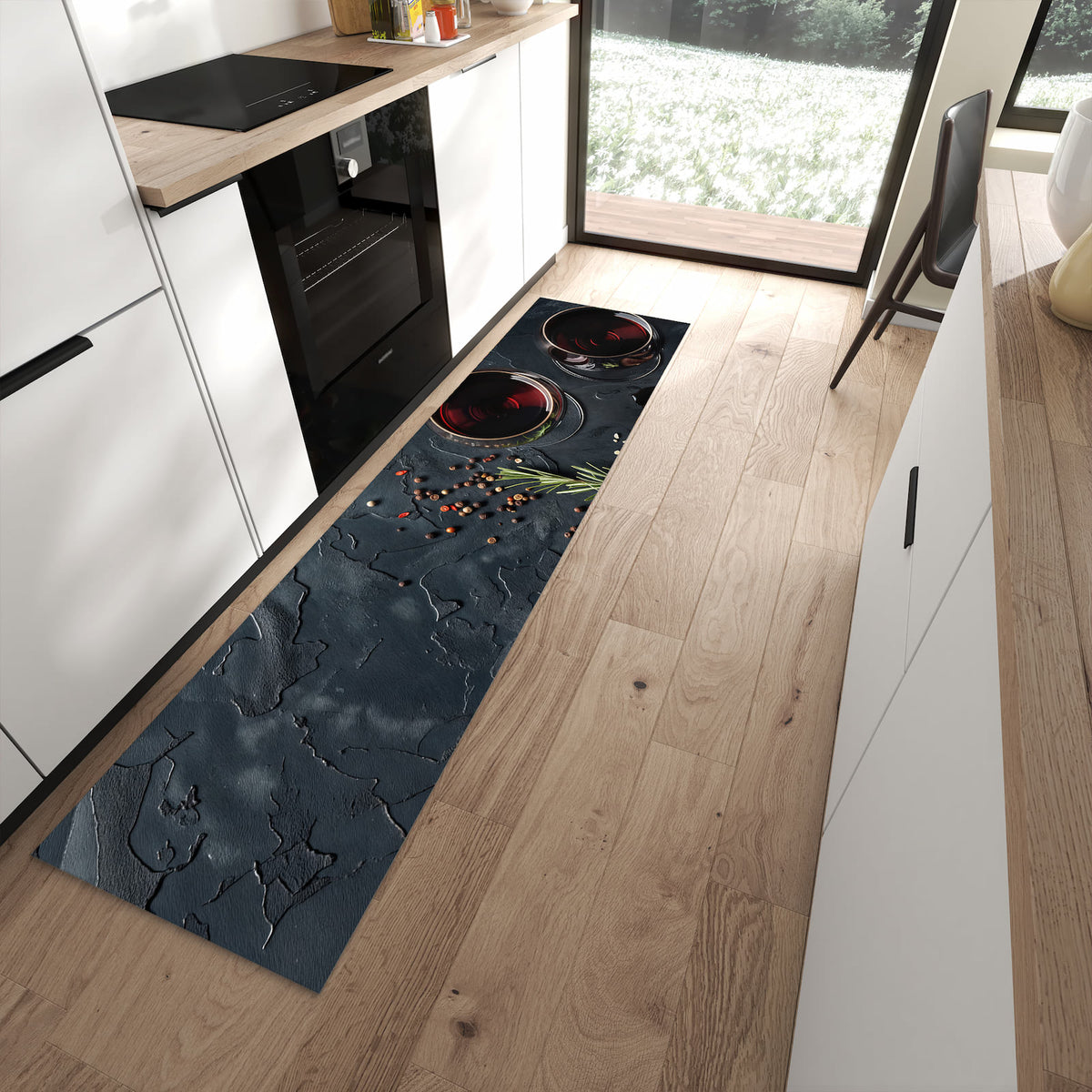 Wasserabweisender Küchenläufer mit Motiv Steak und Rotwein in moderner Küche