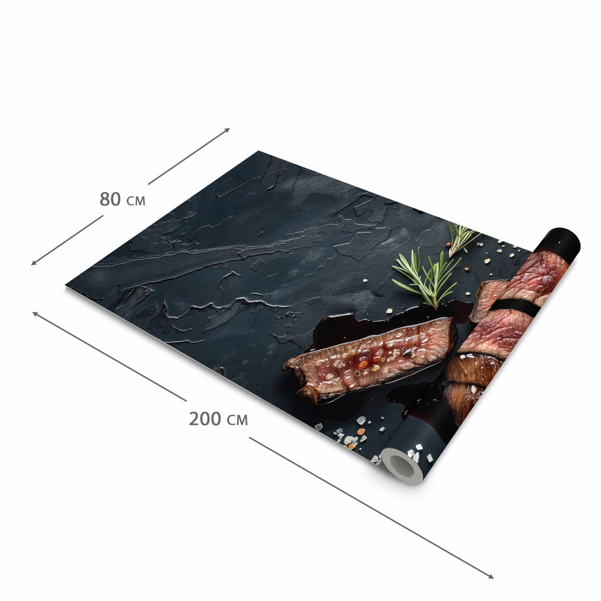 Rutschfester Küchenteppich mit Motiv Steak und Rotwein in der Grösse 80x280 cm