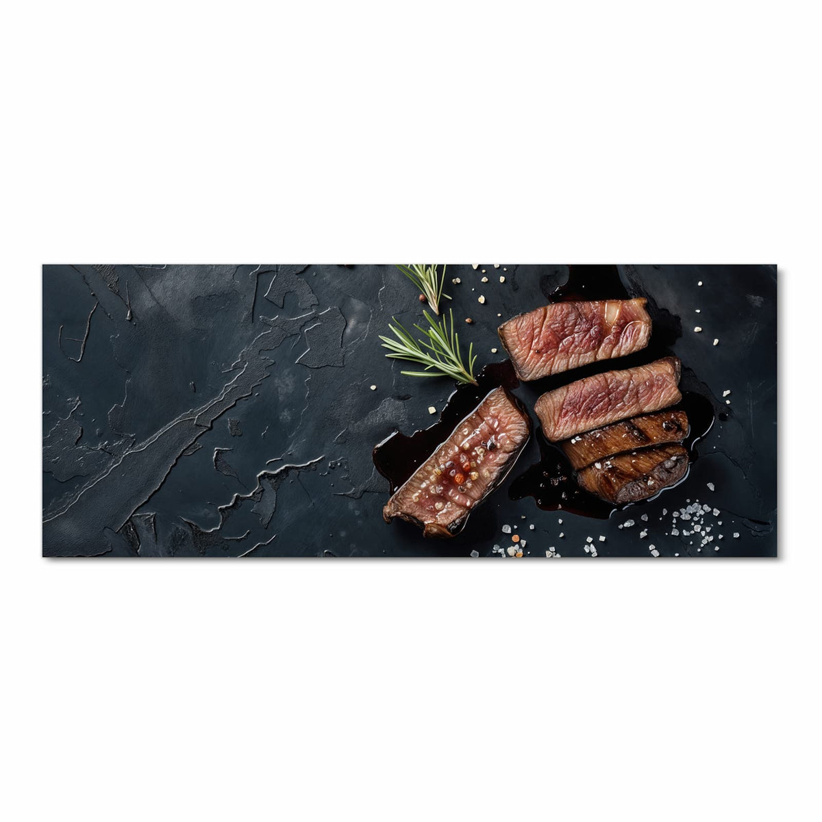 Flacher Küchenläufer mit Motiv Steak und Rotwein in Frontansicht für die Küche