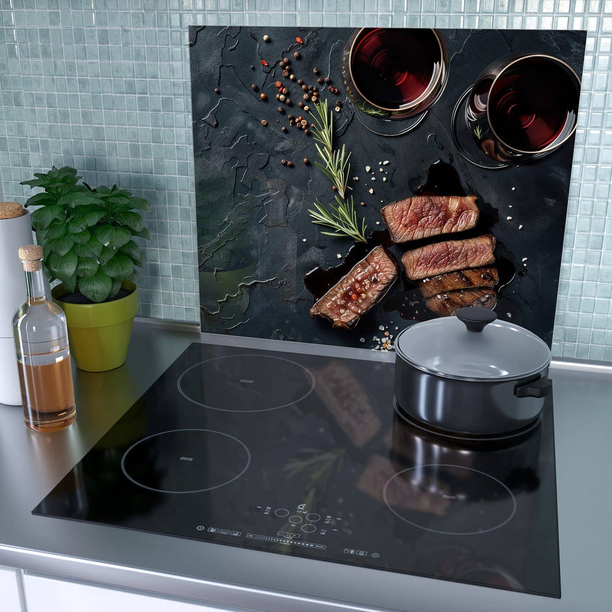 1-teilige Herdabdeckplatte mit Steak und Rotwein-Motiv als Spritzschutz hinter dem Kochfeld