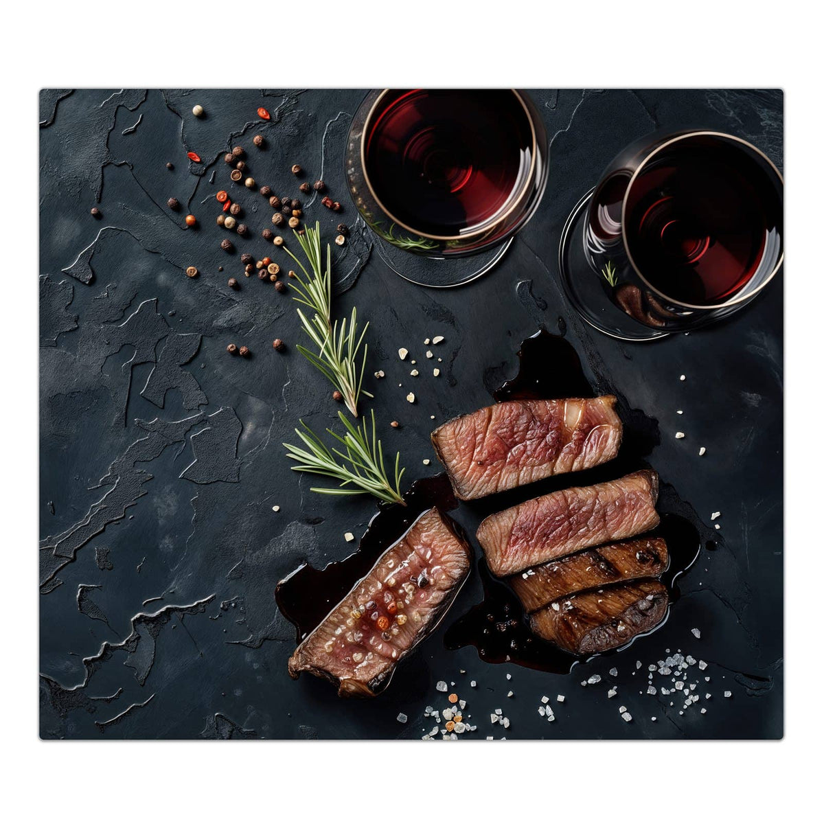 1-teilige Herdabdeckplatte mit Steak und Rotwein-Motiv in der Frontansicht #grösse_1-Teilig (60x52cm)
