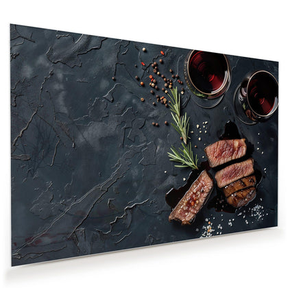 Wandbild mit dem Motiv Steak und Rotwein