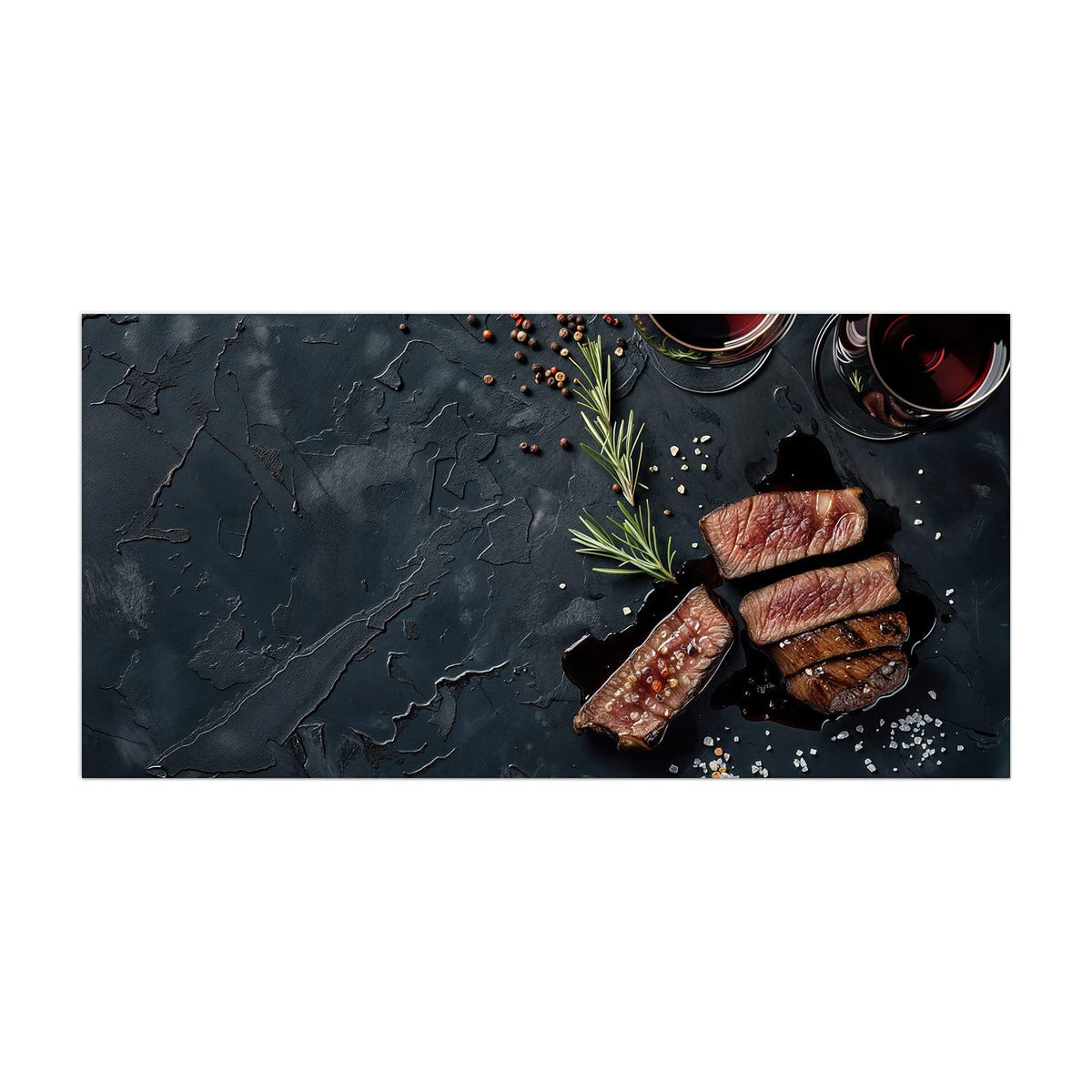 Küchenrückwand aus Glas Steak und Rotwein im Hochformat, Motiv bildfüllend von vorn