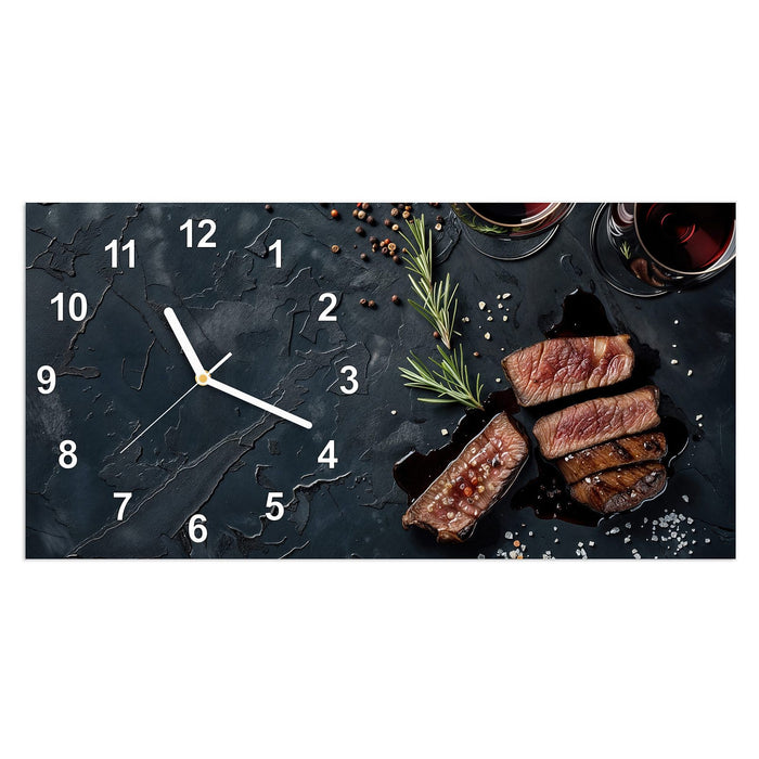 Wanduhr Steak und Rotwein aus Glas – Querformat 60 × 30 cm mit Ziffernblatt Modern
