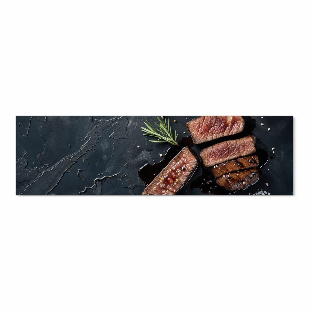 Strapazierfähiger dünner Küchenteppich mit Motiv Steak und Rotwein in Frontansicht