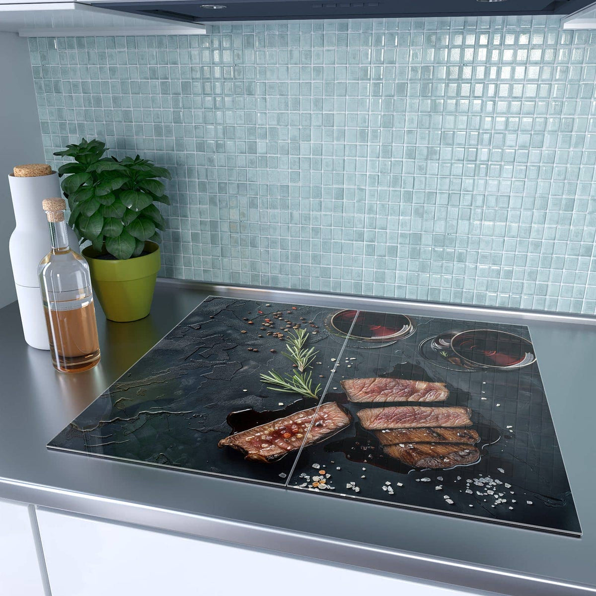 2-teilige Ceranfeld Abdeckplatten mit Steak und Rotwein-Motiv auf dem Ceranfeld