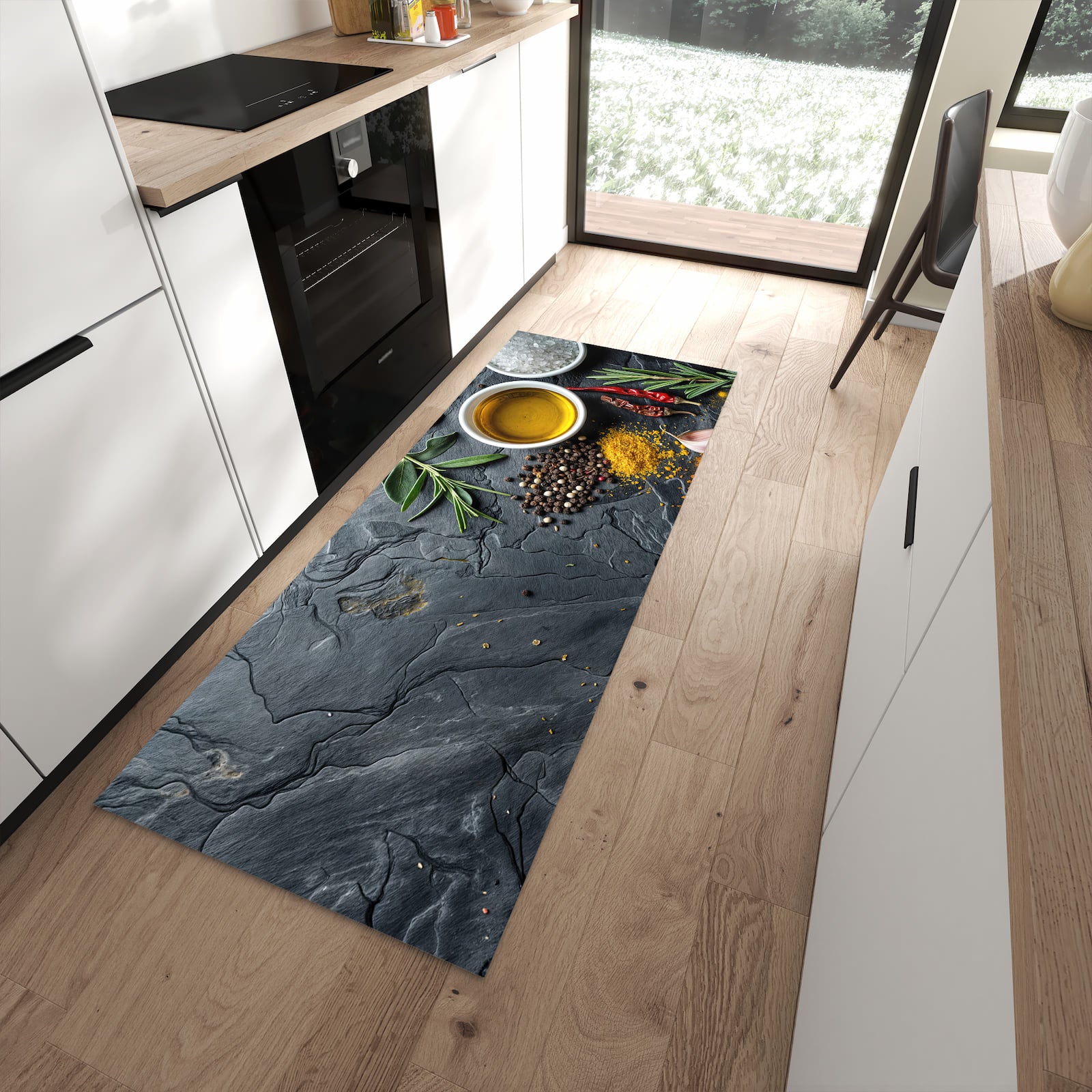 Rutschfester waschbarer Küchenläufer mit Motiv Küche Zutaten in moderner Küche