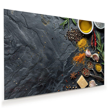 Wandbild mit dem Motiv Gewürze und Olivenöl