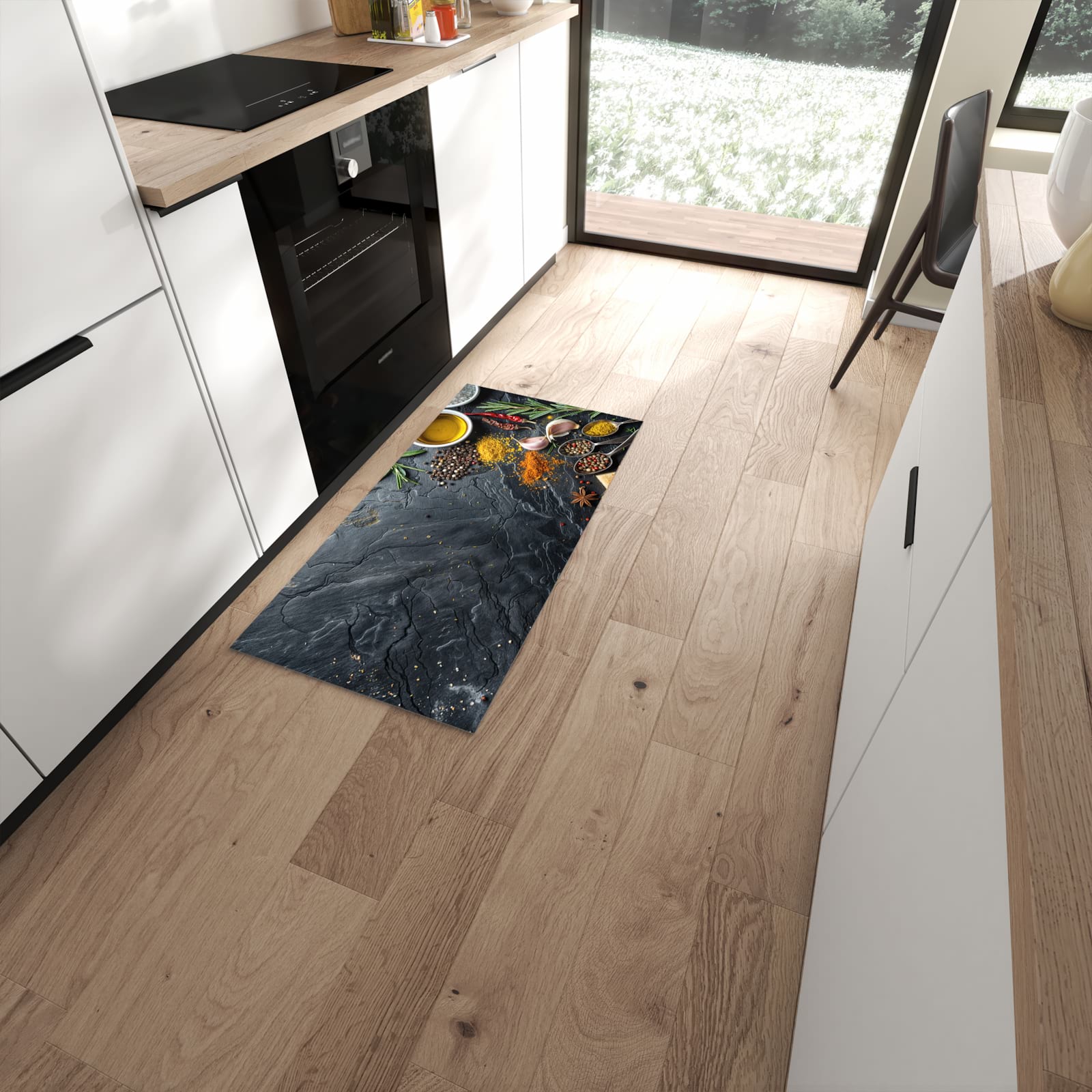 Rutschfester Küchenläufer mit Motiv Küche Zutaten in moderner Küche #grösse_60 x 120 cm