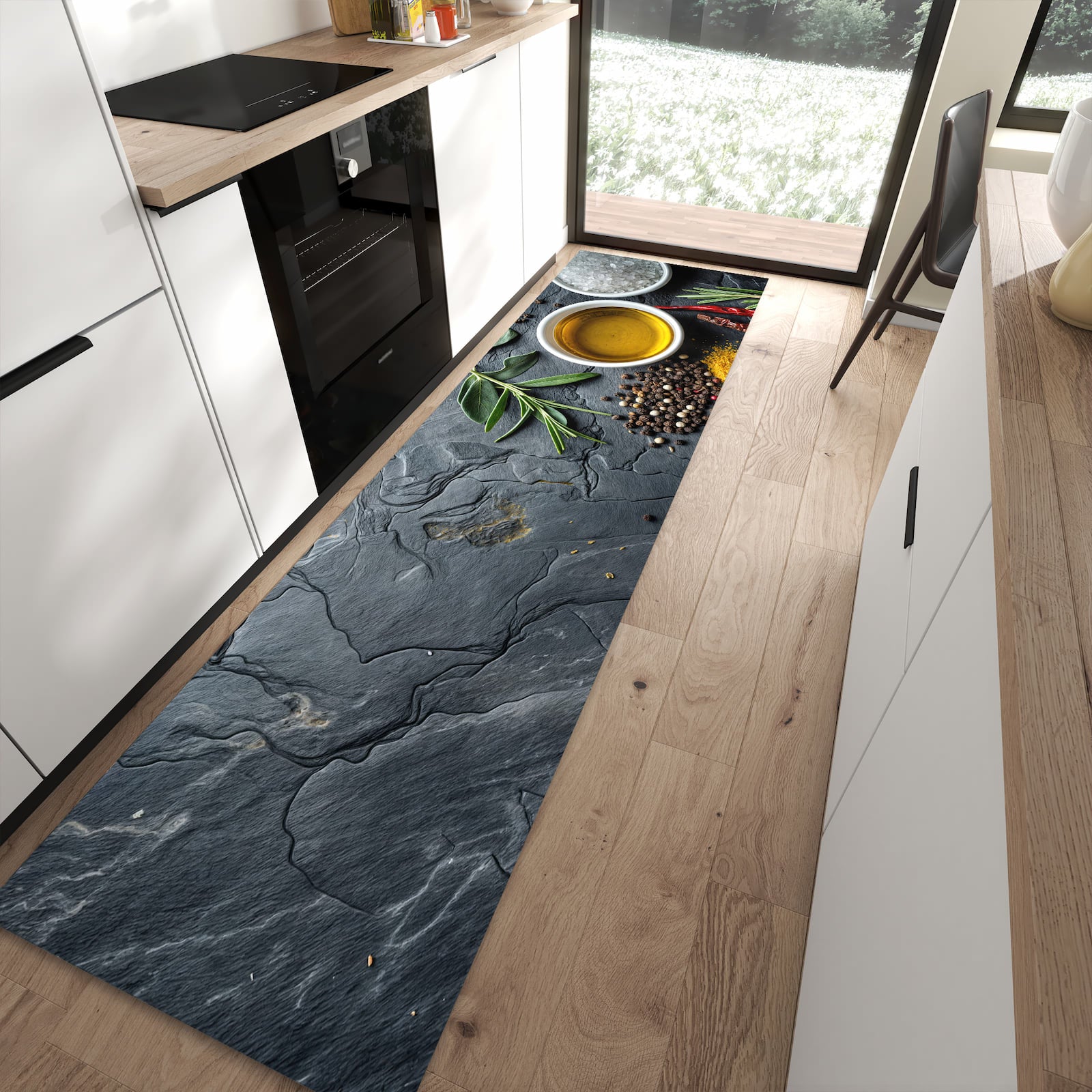 Küchenläufer mit Motiv Küche Zutaten für Ordnung im Eingangsbereich moderner Küche