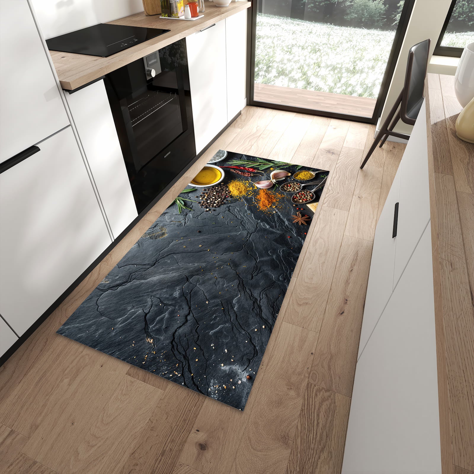 Bodenschonender rutschfester Läufer mit Motiv Küche Zutaten in moderner Küche