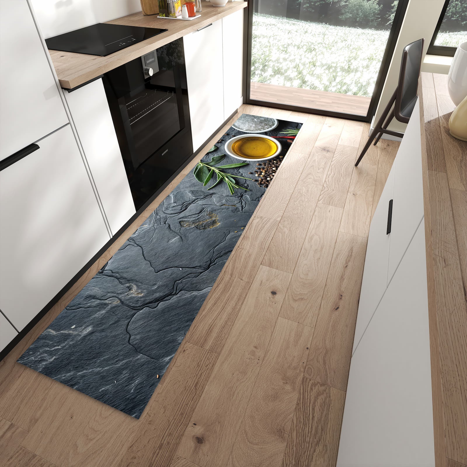 Strapazierfähiger Küchenläufer mit Motiv Küche Zutaten in moderner Küche