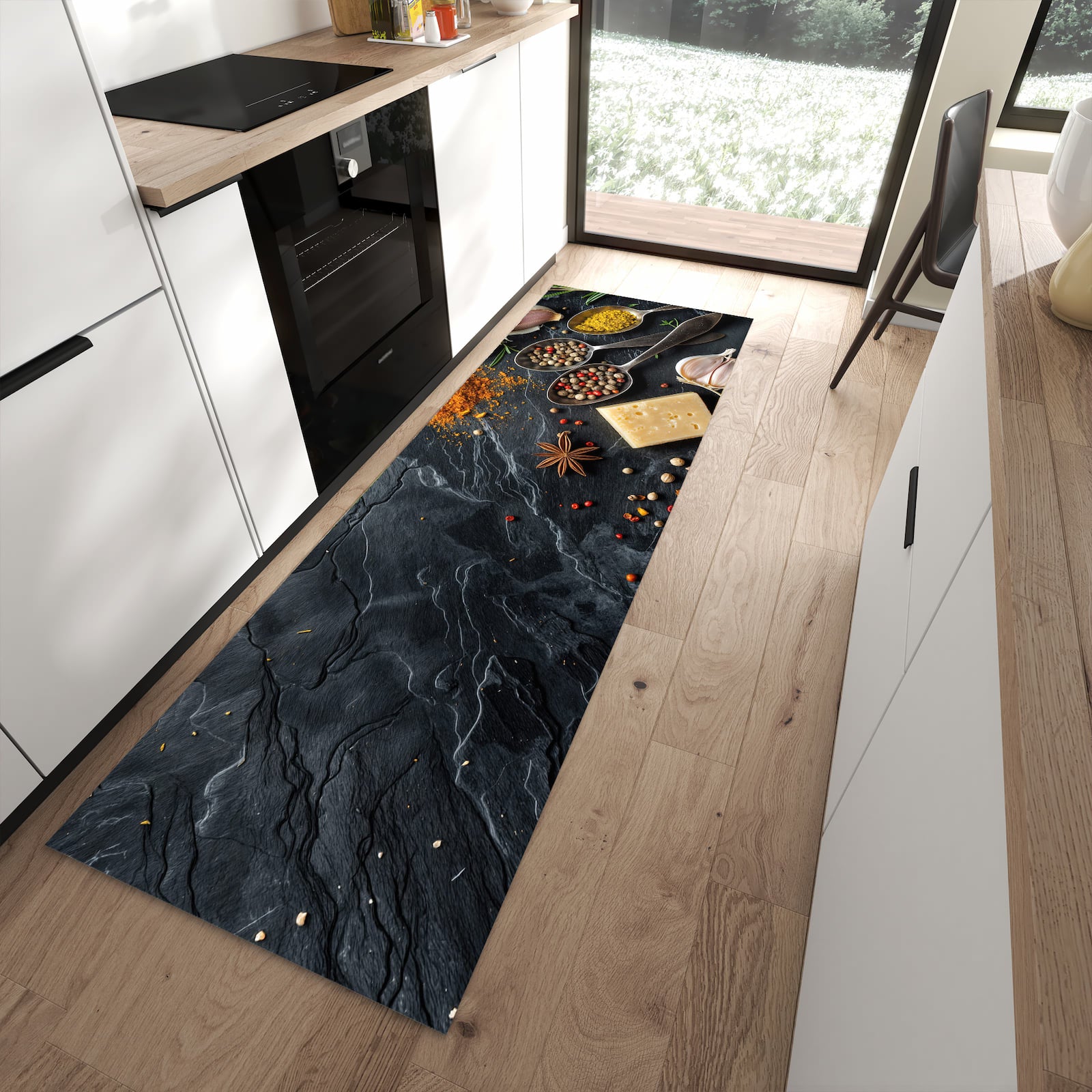 Feuchtigkeitsresistenter waschbarer Küchenläufer mit Motiv Küche Zutaten in moderner Küche