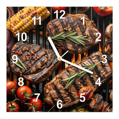 Wanduhr Quadratisch mit dem Motiv Steaks und Grillgemüse