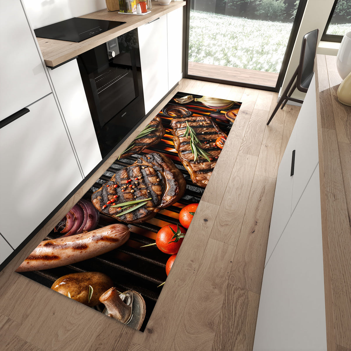 Geruchsneutraler Küchenteppich mit Motiv Sanfte Grillplatte in moderner Küche