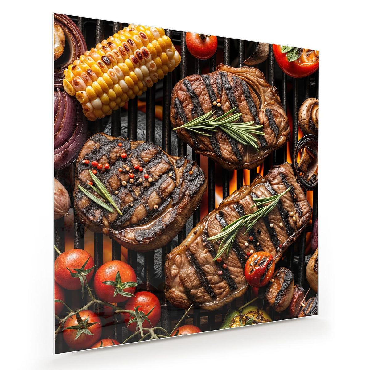 Drei Steaks mit Rosmarin auf dem Grillrost, dazu Maiskolben, Tomaten, Champignons und rote Zwiebeln