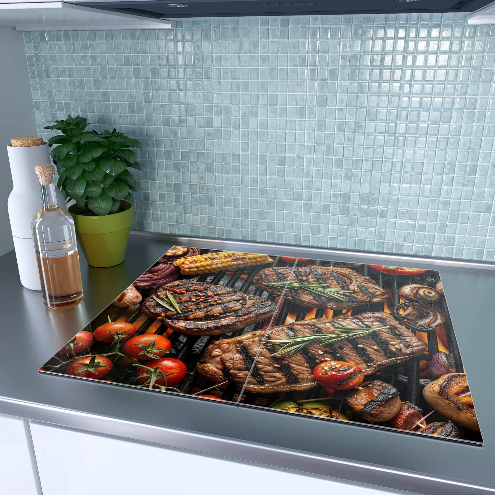 2-teilige Herdabdeckplatten für Ceranfeld mit Sanfte Grillplatte-Motiv in moderner Küche