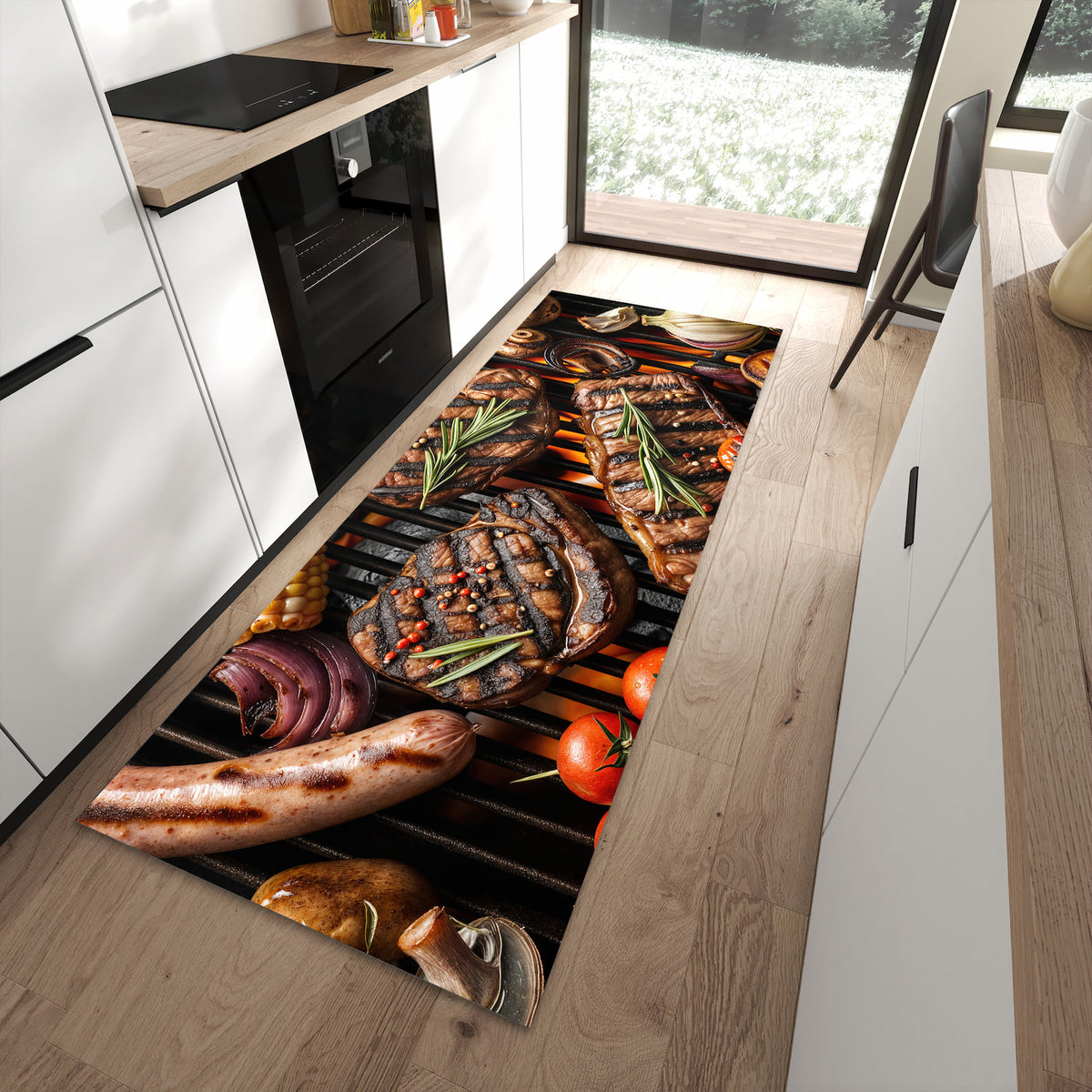 Komfortabler Küchenläufer mit Motiv Sanfte Grillplatte in moderner Küche