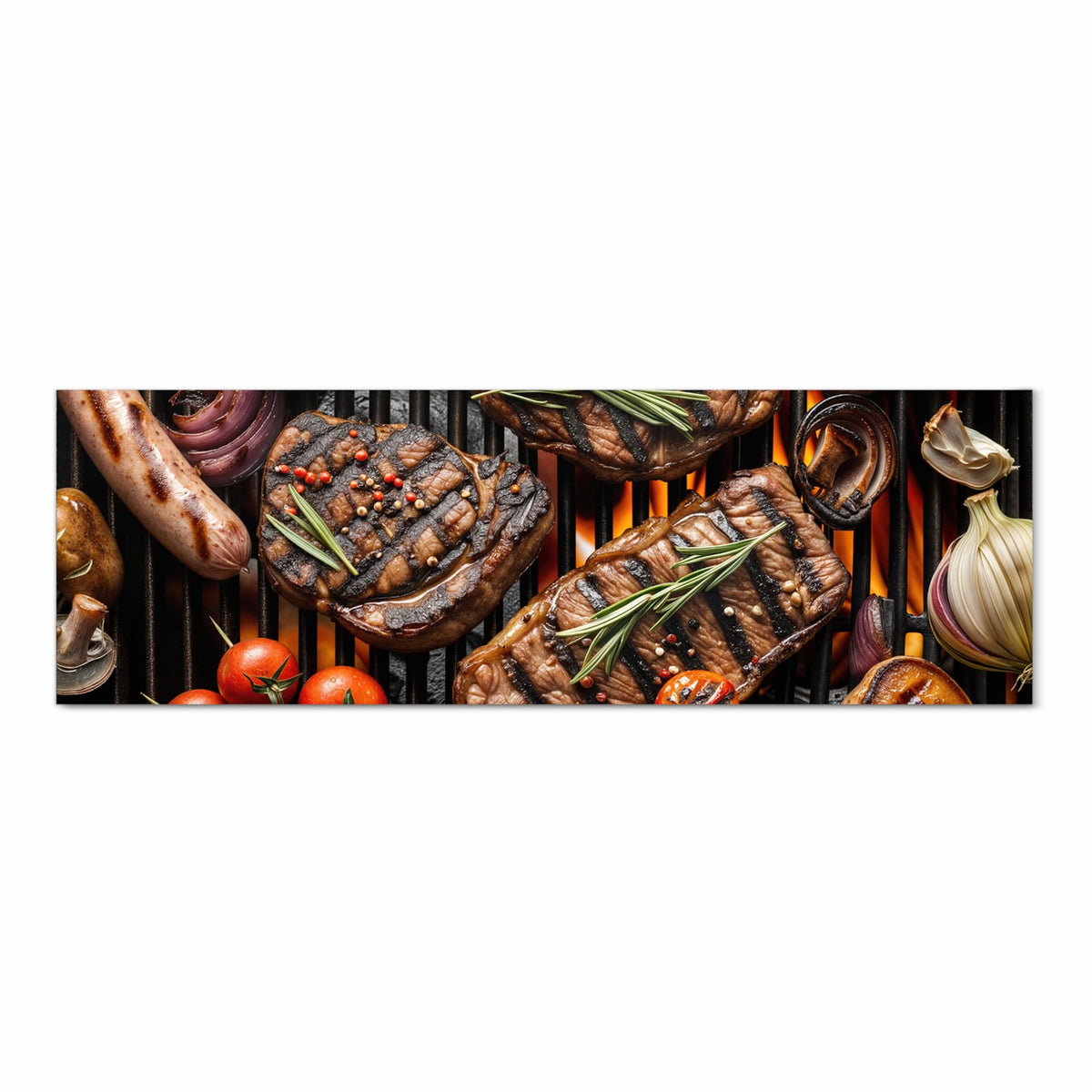 Langlebiger Küchenläufer mit Motiv Sanfte Grillplatte in Frontansicht, waschbar