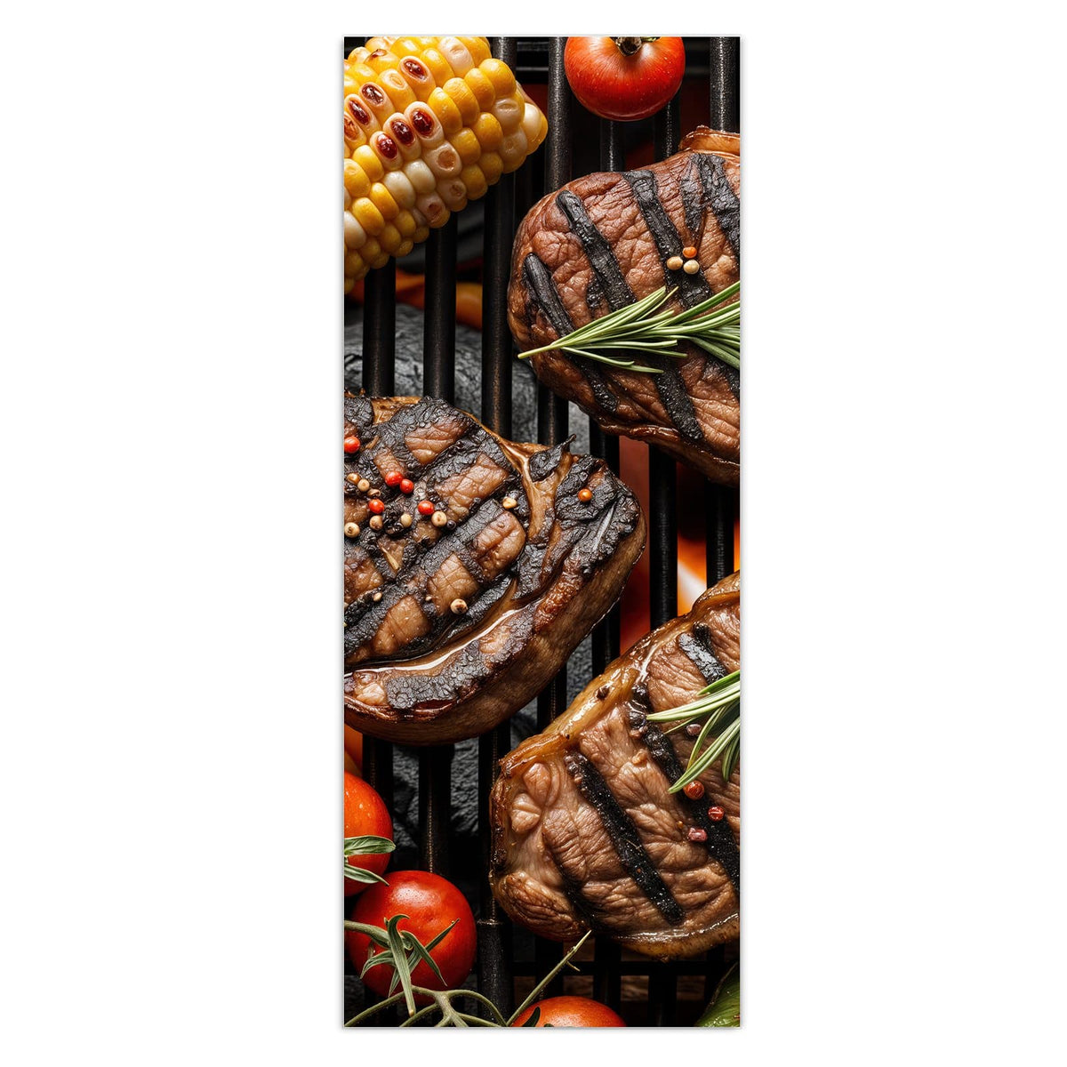 Wandbild - Steaks und Grillgemüse - Hochformat – Steaks und Gemüse auf dem Grillrost