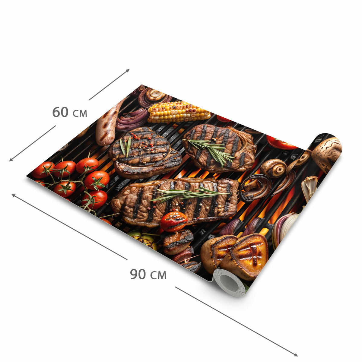 Pflegeleichter Küchenvorleger mit Motiv Sanfte Grillplatte in der Größe 60x150 cm