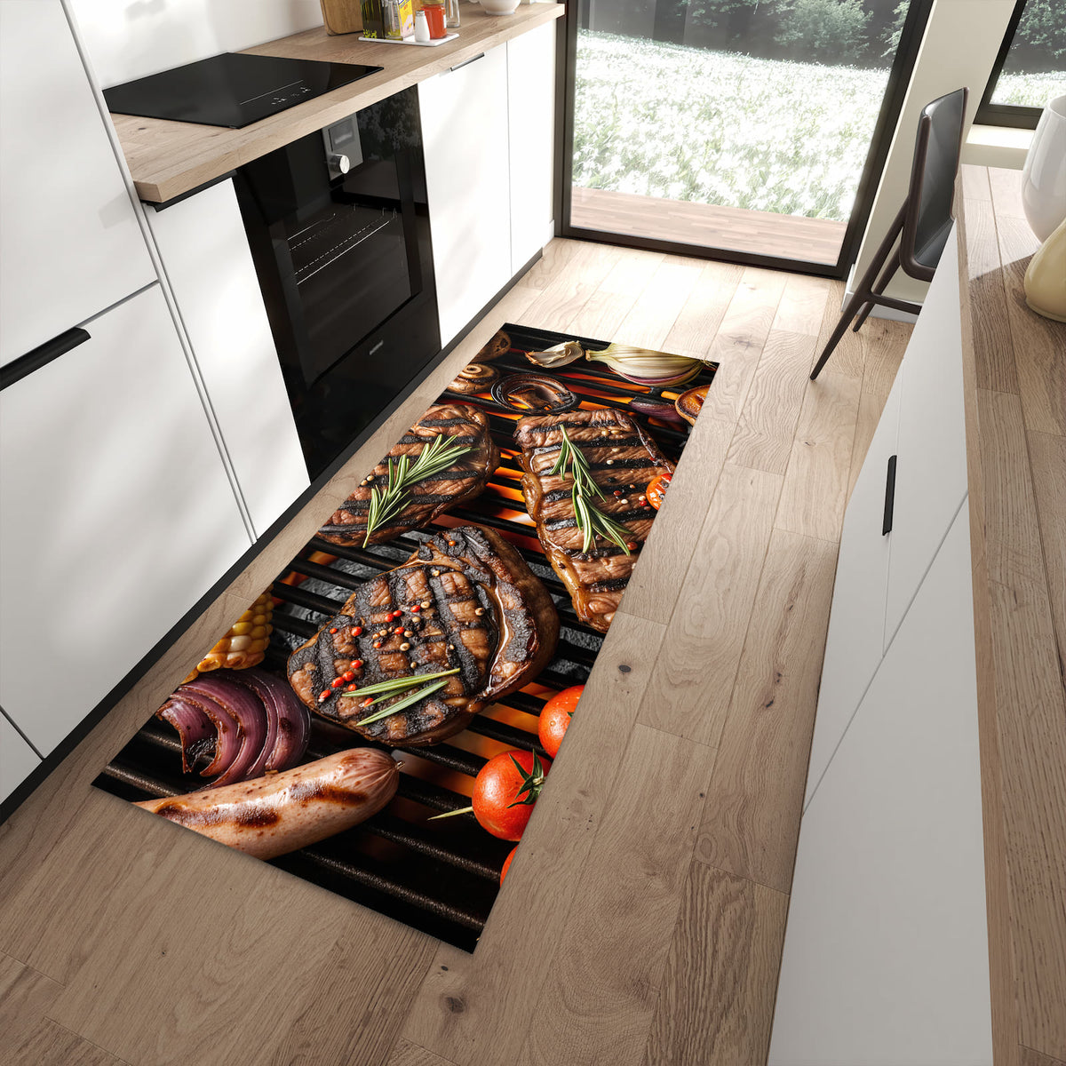 Schmutzabweisender Teppich für die Küche mit Motiv Sanfte Grillplatte in moderner Küche