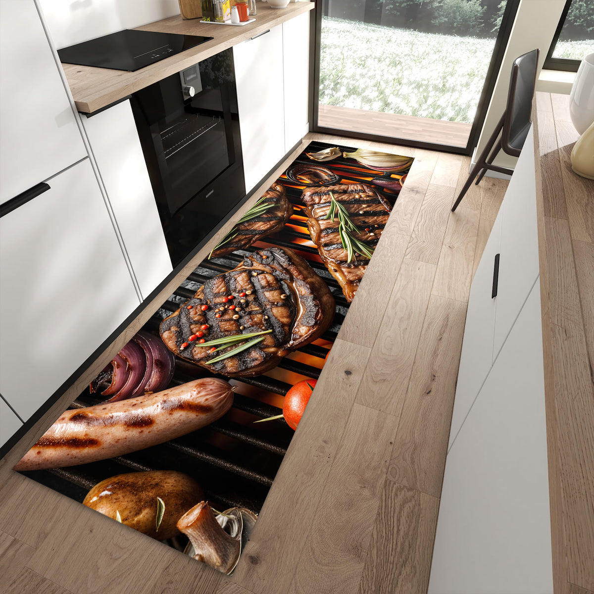 Langlebiger Küchenteppich mit Motiv Sanfte Grillplatte in moderner Küche