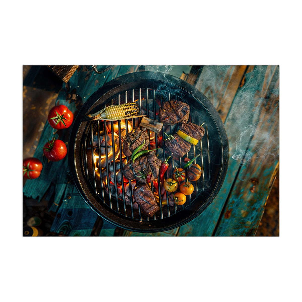Küchenrückwand aus Glas Sommergrillfest im Hochformat, Motiv bildfüllend von vorn