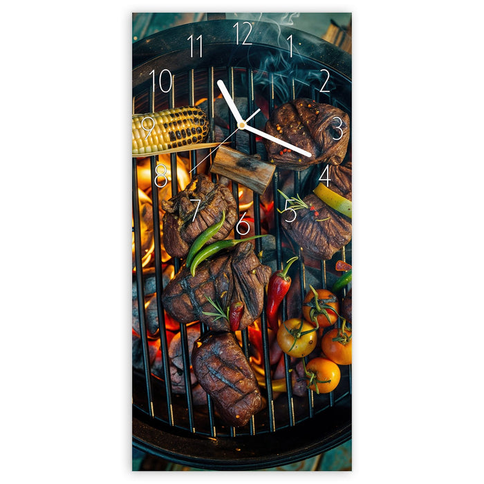 Wanduhr Sommergrillfest aus Glas – Hochformat 30 × 60 cm mit Ziffernblatt Elegant