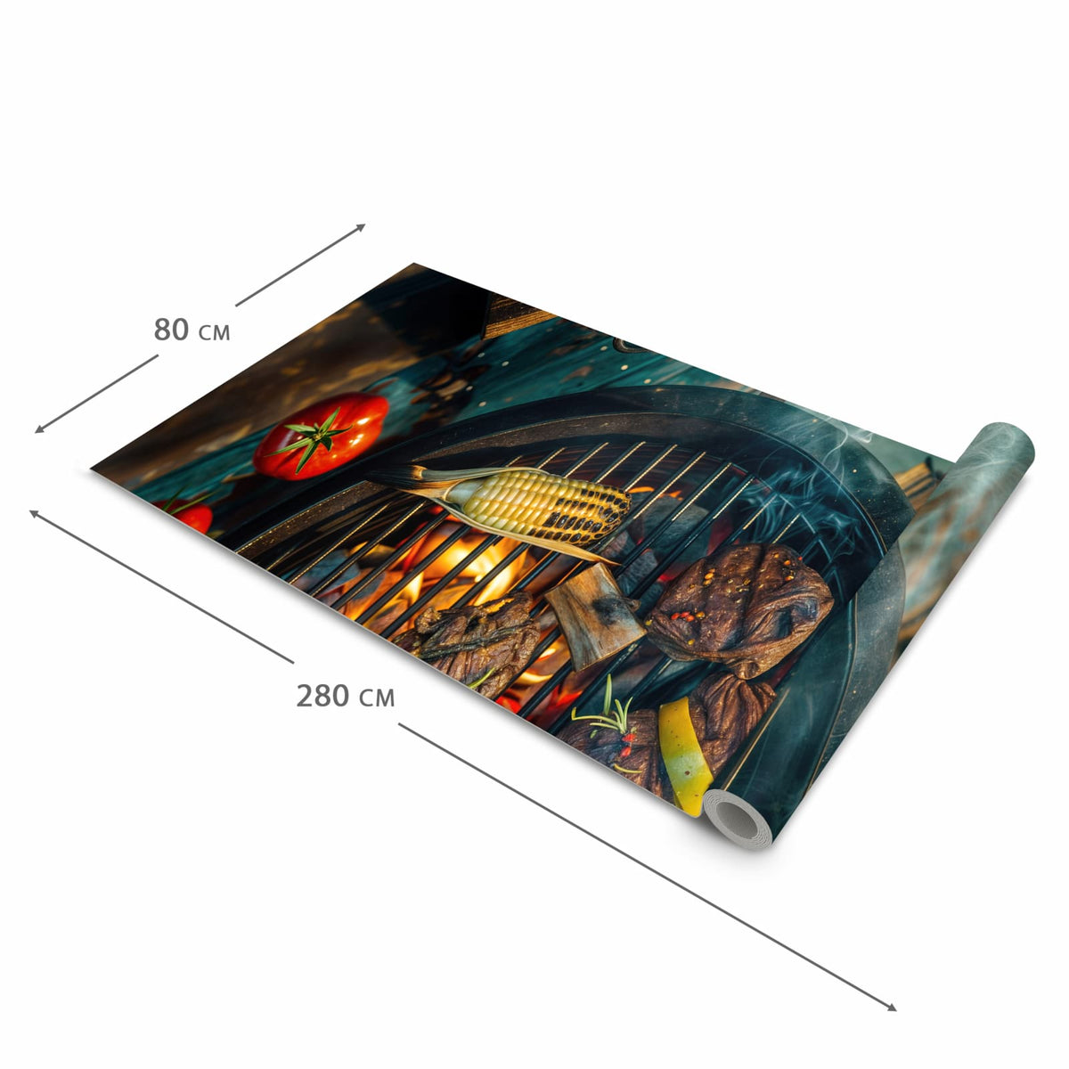 Geräuschdämpfender Küchenteppich mit Motiv Sommergrillfest in der Grösse 60x120 cm