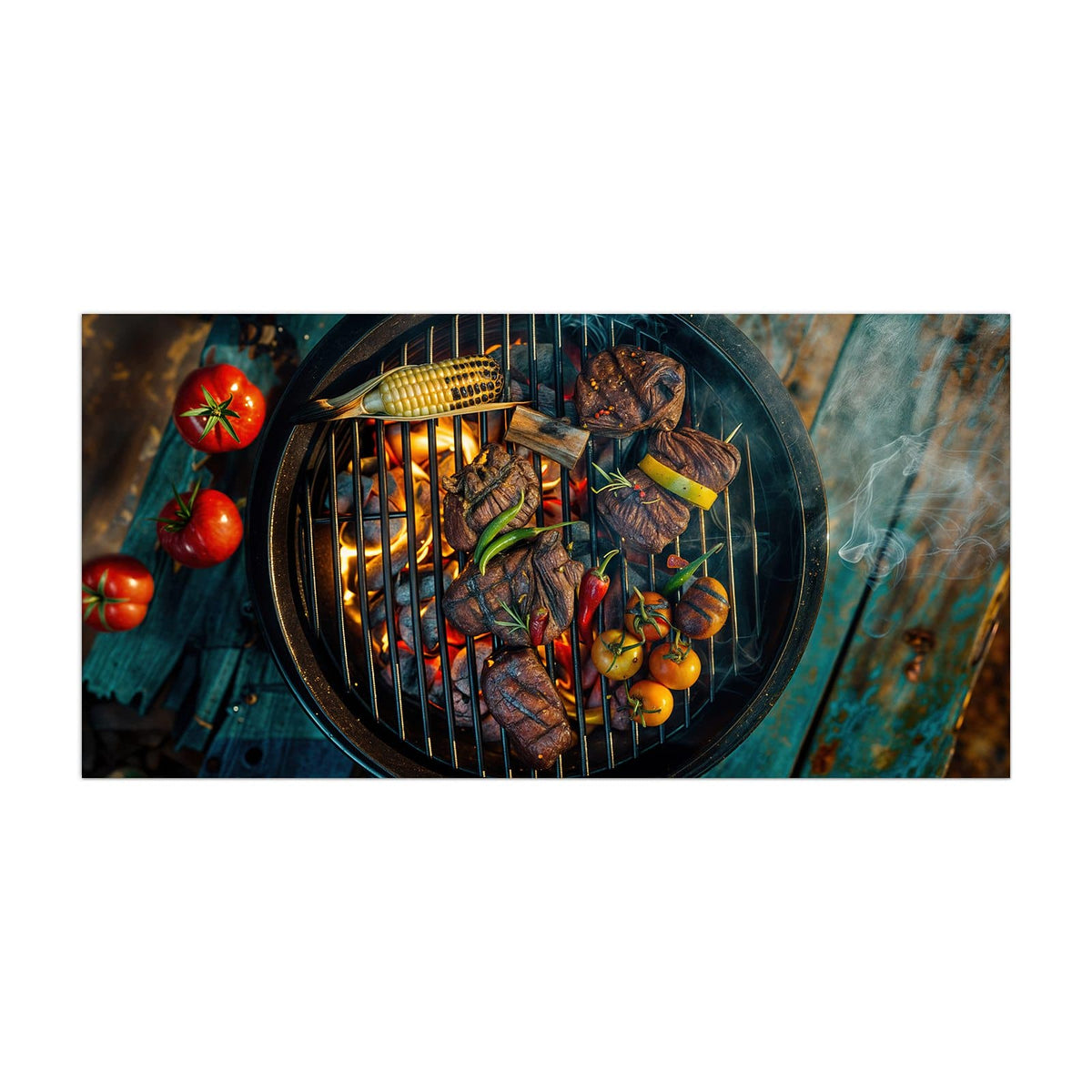 Küchenrückwand aus Glas Sommergrillfest im Hochformat, Motiv bildfüllend von vorn