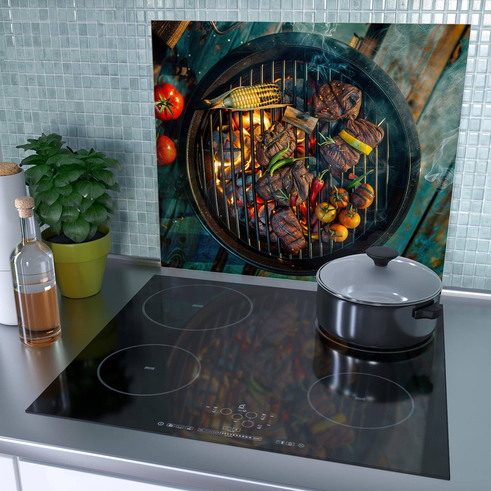 1-teilige Kochfeldabdeckung mit Sommergrillfest-Motiv als Spritzschutz hinter dem Kochfeld
