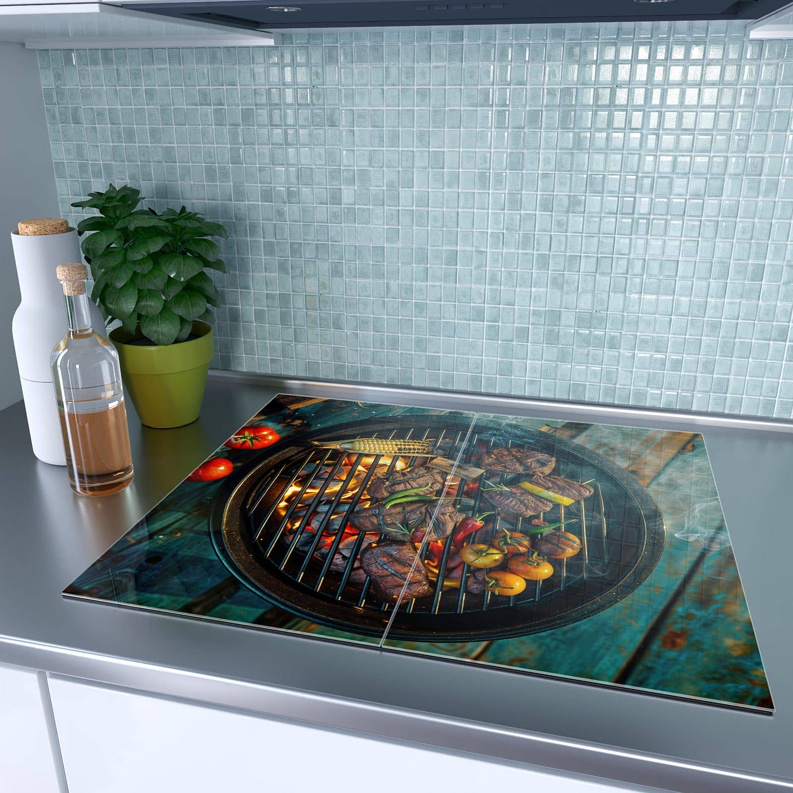 2-teilige Herdabdeckplatte Induktion mit Sommergrillfest-Motiv auf dem Ceranfeld