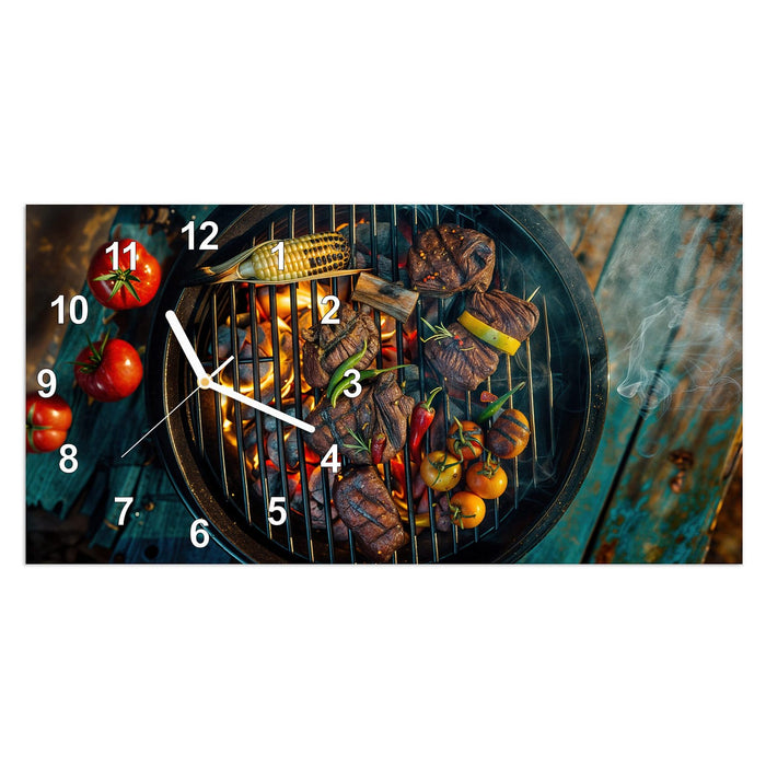 Wanduhr Sommergrillfest aus Glas – Querformat 60 × 30 cm mit Ziffernblatt Modern