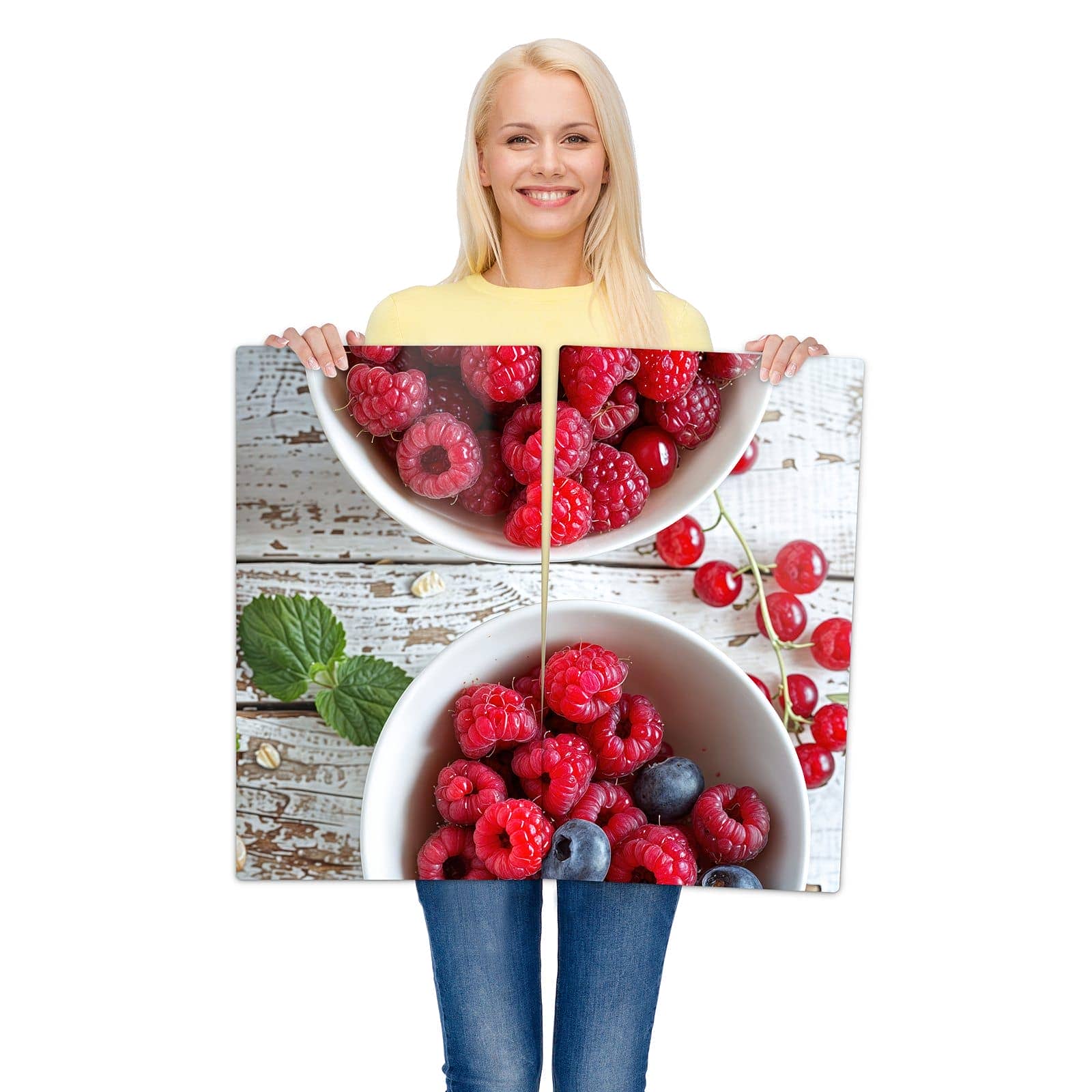 2-teilige Herdabdeckplatten für Ceranfeld mit Himmlische Beeren-Motiv wird zur Größendarstellung gehalten
