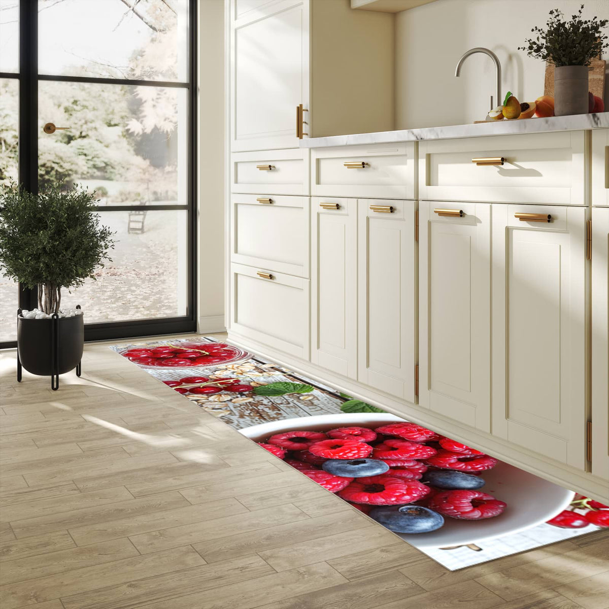 Abwaschbarer Küchenläufer mit Motiv Himmlische Beeren in heller Küche für angenehme Haptik