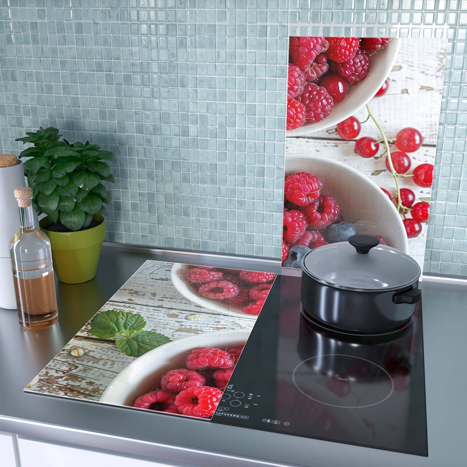 2-teilige Ceranfeld Abdeckungen mit Himmlische Beeren-Motiv als Spritzschutz hinter dem Kochfeld