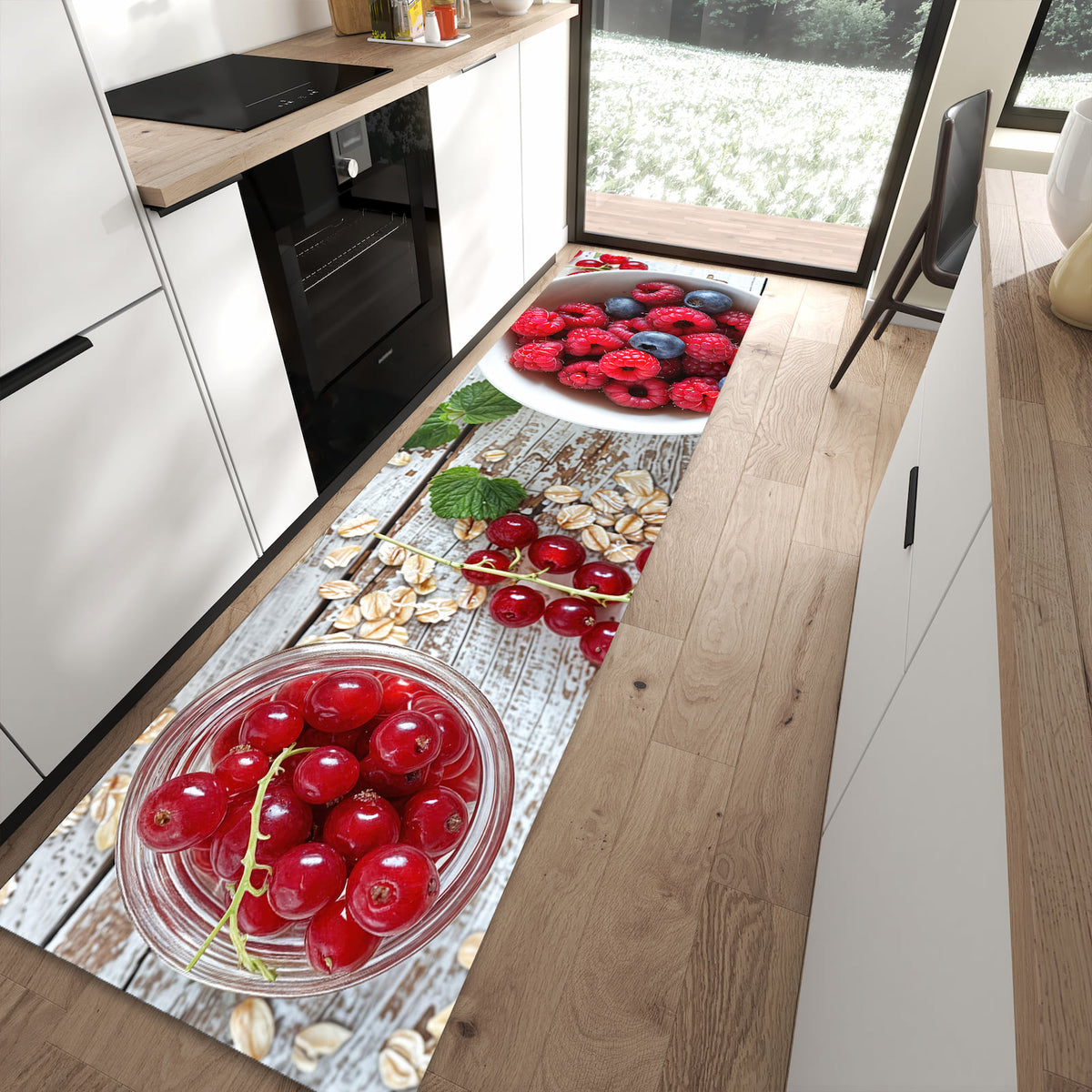 Komfortabler waschbarer Küchenteppich mit Motiv Himmlische Beeren in moderner Küche