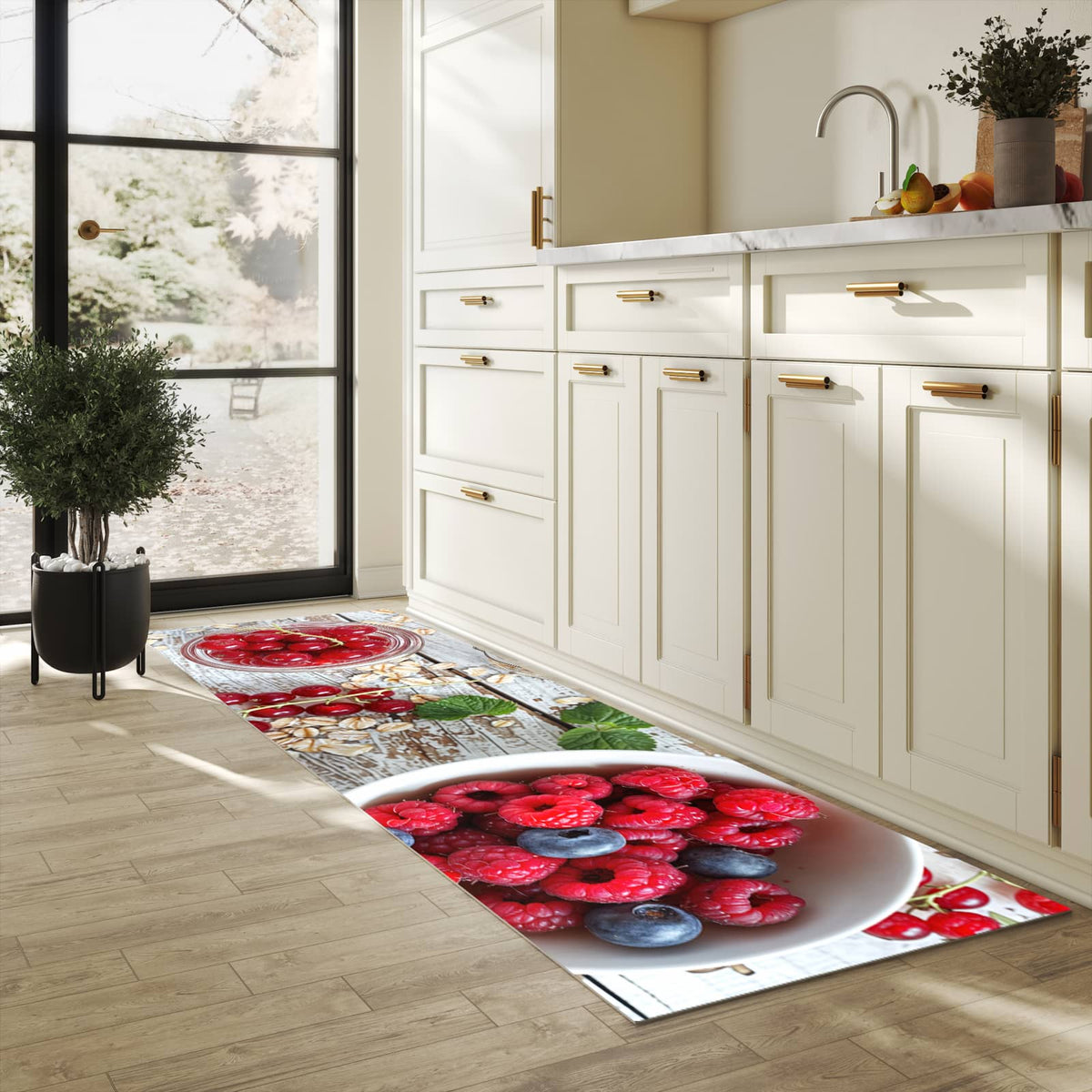 Langlebiger Küchenteppich mit Motiv Himmlische Beeren in heller Küche