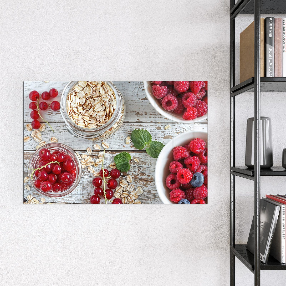 Magnettafel - Beeren und Haferflocken – Himbeeren und Johannisbeeren in Schalen