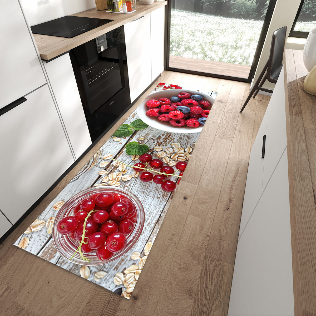Flacher Küchenteppich mit Motiv Himmlische Beeren in moderner Küche für rutschfesten Stand