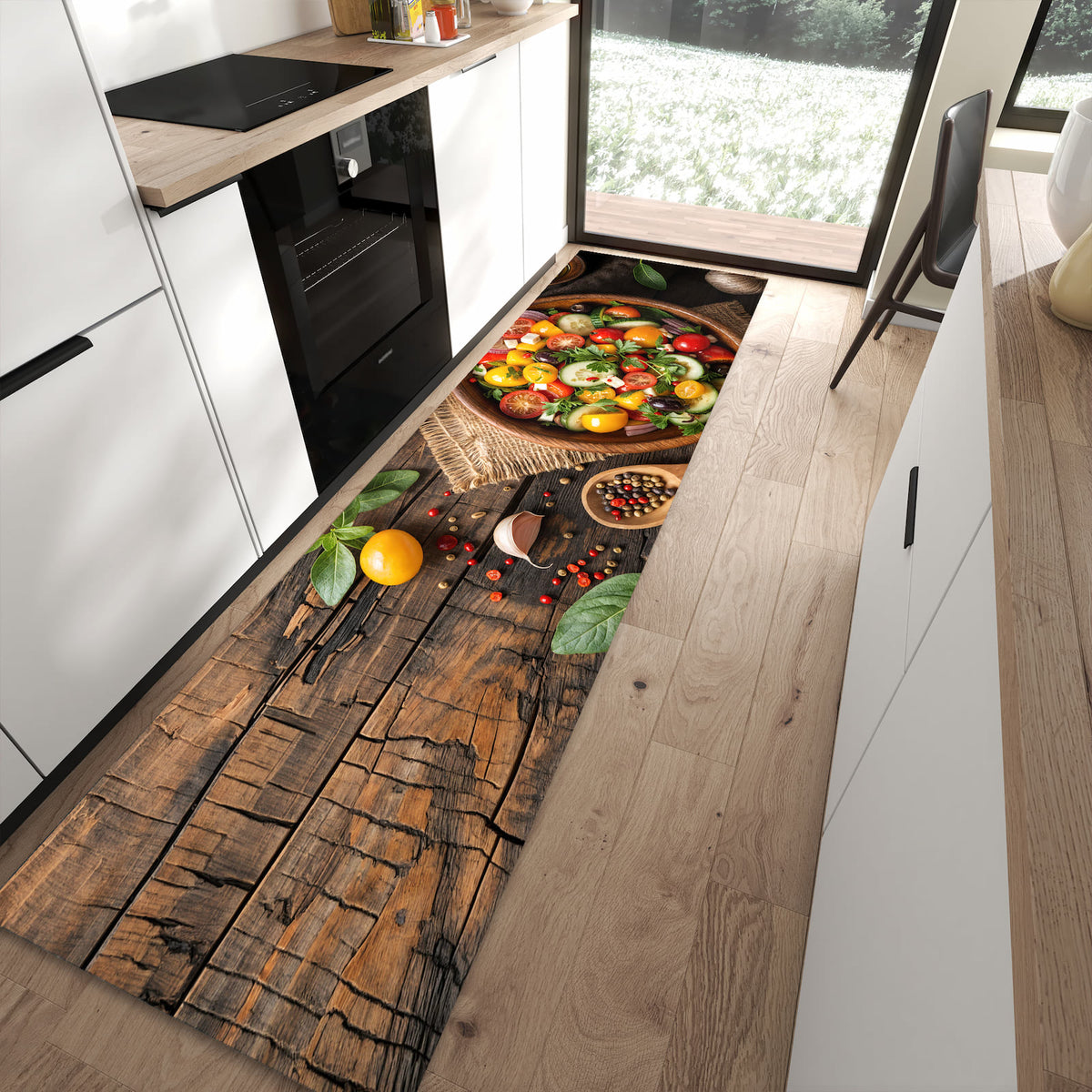 Dünner Küchenteppich mit Motiv Frischer Gemüsesalat in moderner Küche für sicheres Aufbewahren
